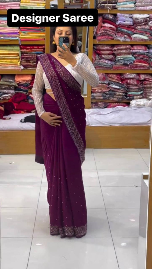 New Hot Fix Daimond Worked Georgette Wedding Wear Saree With Amezing Designer Blouse