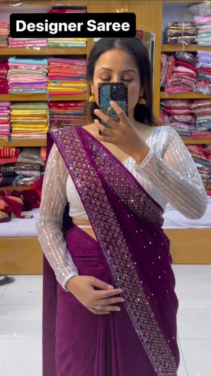 New Hot Fix Daimond Worked Georgette Wedding Wear Saree With Amezing Designer Blouse