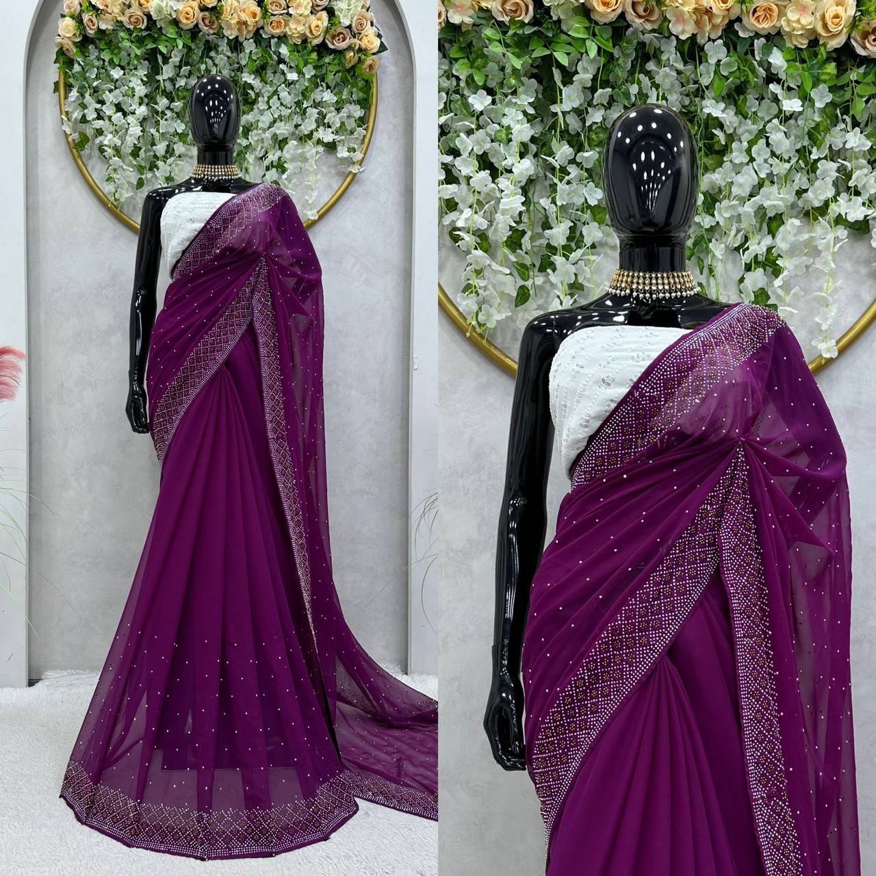 New Hot Fix Daimond Worked Georgette Wedding Wear Saree With Amezing Designer Blouse