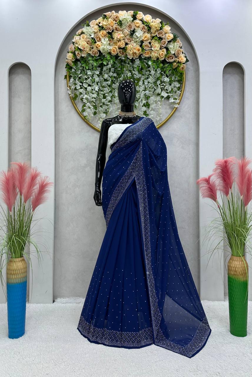 New Hot Fix Daimond Worked Georgette Wedding Wear Saree With Amezing Designer Blouse