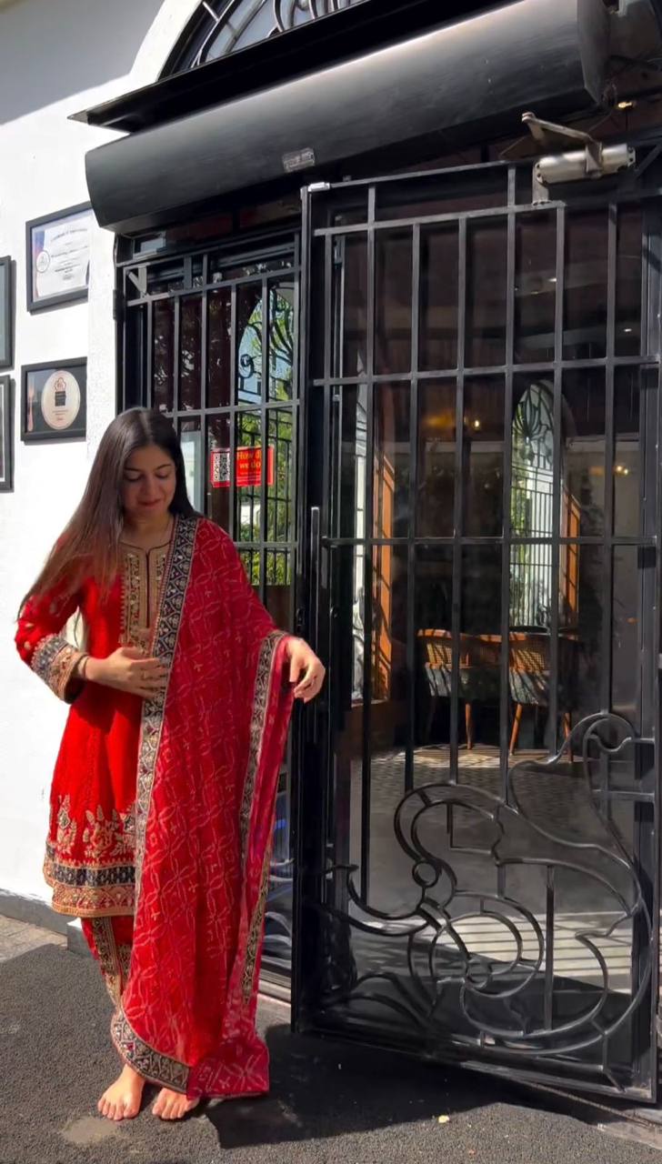Red Colour Pinted And Embroidary Sequence Worked Stiched Dhoti Suit With Printed Duppta