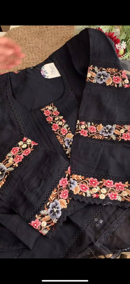 Maslin Fabric Thread And Sequence Worked With GPO Lace Border Stiched Salwar Suit