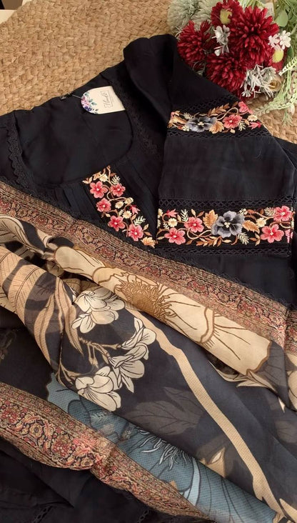 Maslin Fabric Thread And Sequence Worked With GPO Lace Border Stiched Salwar Suit