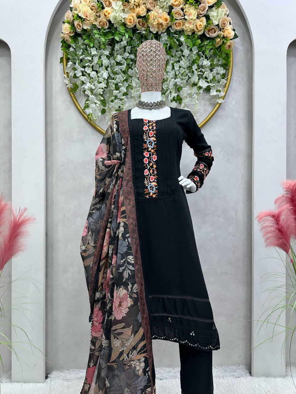 Maslin Fabric Thread And Sequence Worked With GPO Lace Border Stiched Salwar Suit