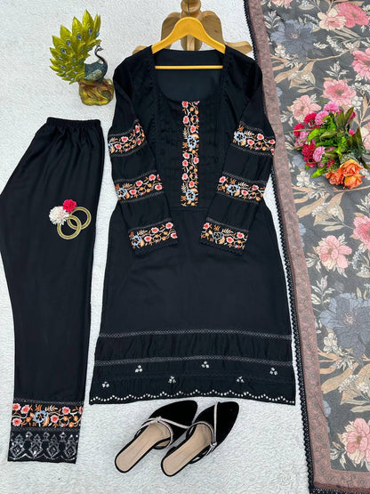 Maslin Fabric Thread And Sequence Worked With GPO Lace Border Stiched Salwar Suit