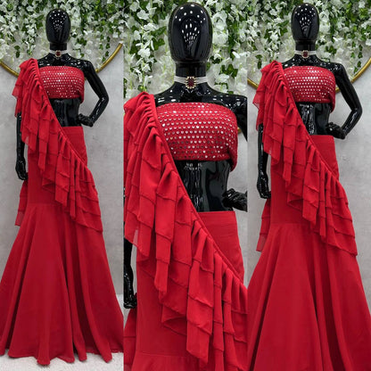 Latest Designer Ready To Wear Red Lehenga Saree