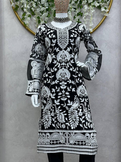 Beautiful Designer Black Suit On Heavy Georgette Fabric With Chain-Stitch Work And Pent