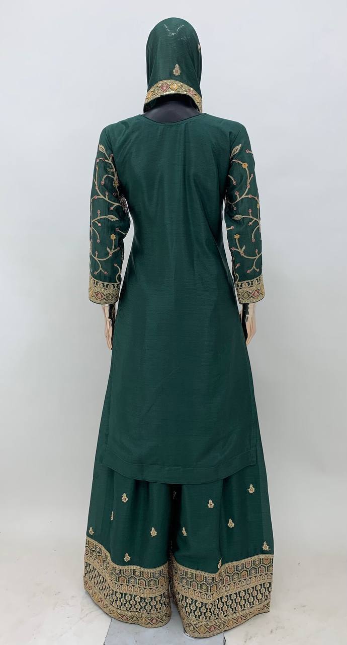 Green Color Chinon Embroidered Fully Stitched Sharara Suit