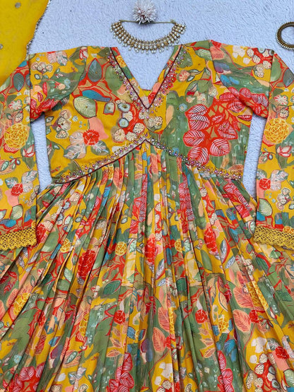 Beautiful Designer Yellow & Green Suit On Muslin febric With Digital Print