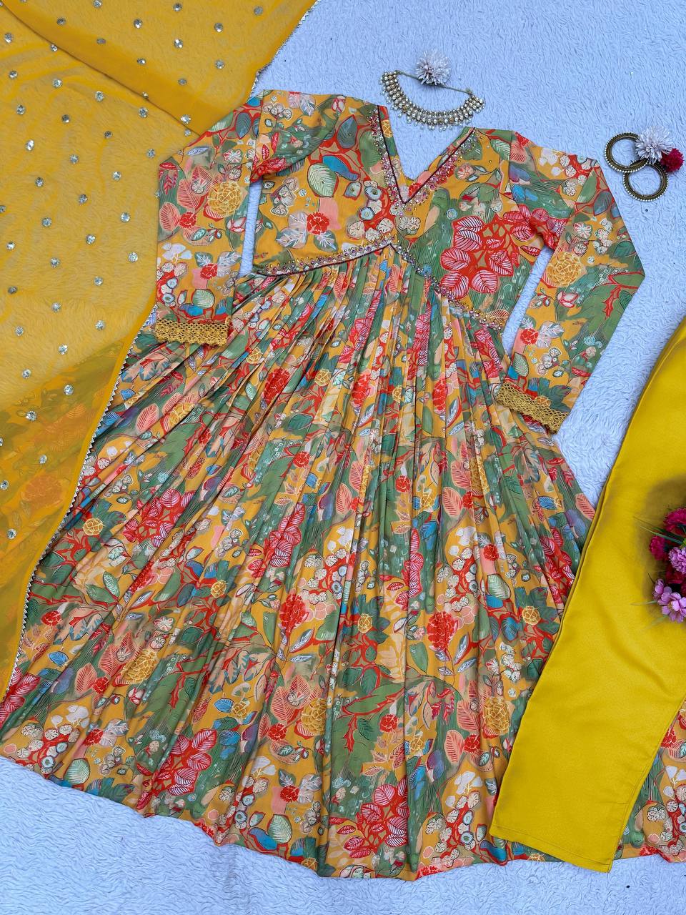 Beautiful Designer Yellow & Green Suit On Muslin febric With Digital Print