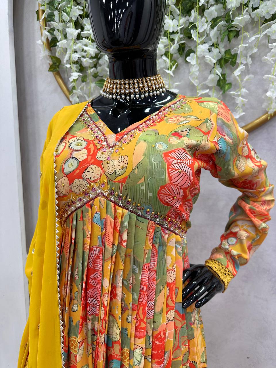 Beautiful Designer Yellow & Green Suit On Muslin febric With Digital Print