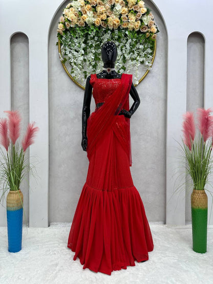 Red Color Ready To Wear Sequence Work Lehengha Saree