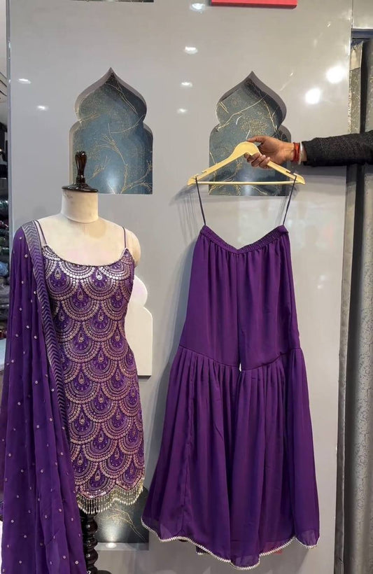 Attractive Purple Colour Georgette Fabric Sharara With Thread And Sequences Work