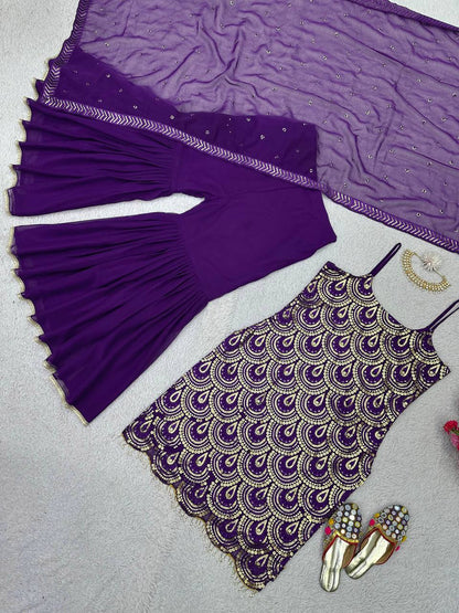 Attractive Purple Colour Georgette Fabric Sharara With Thread And Sequences Work