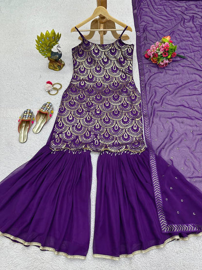 Attractive Purple Colour Georgette Fabric Sharara With Thread And Sequences Work