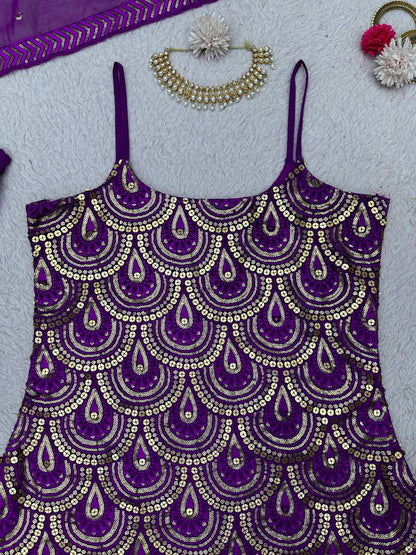 Attractive Purple Colour Georgette Fabric Sharara With Thread And Sequences Work