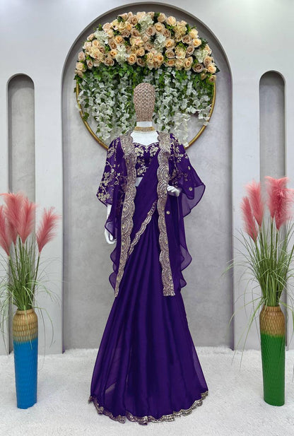 Designer Ready to Wear Purple Colour Saree With Thread And Sequence Work