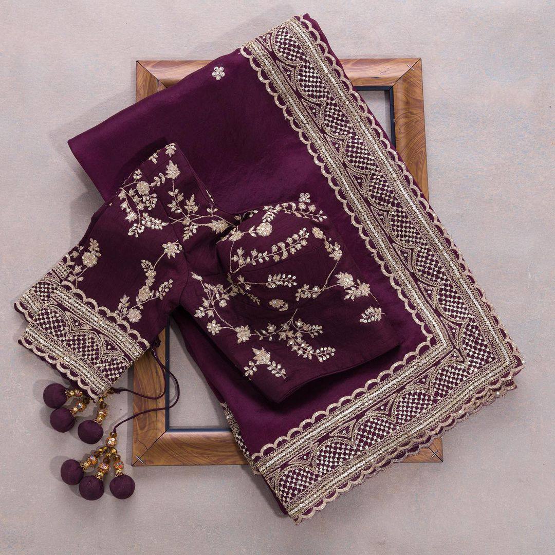 Amazing Saree on Heavy Tibby Silk Fabric With Thread And Sequences Work