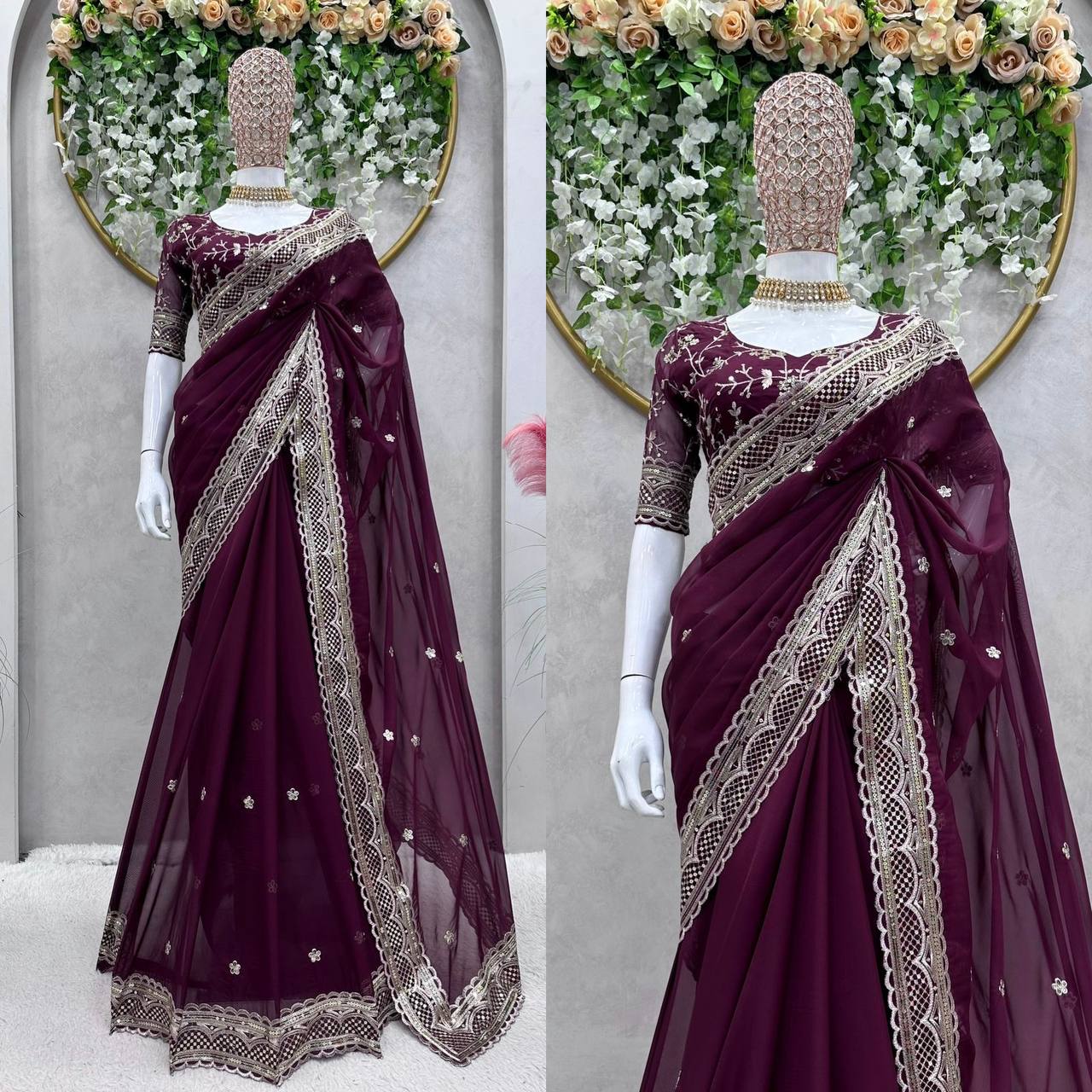 Amazing Saree on Heavy Tibby Silk Fabric With Thread And Sequences Work