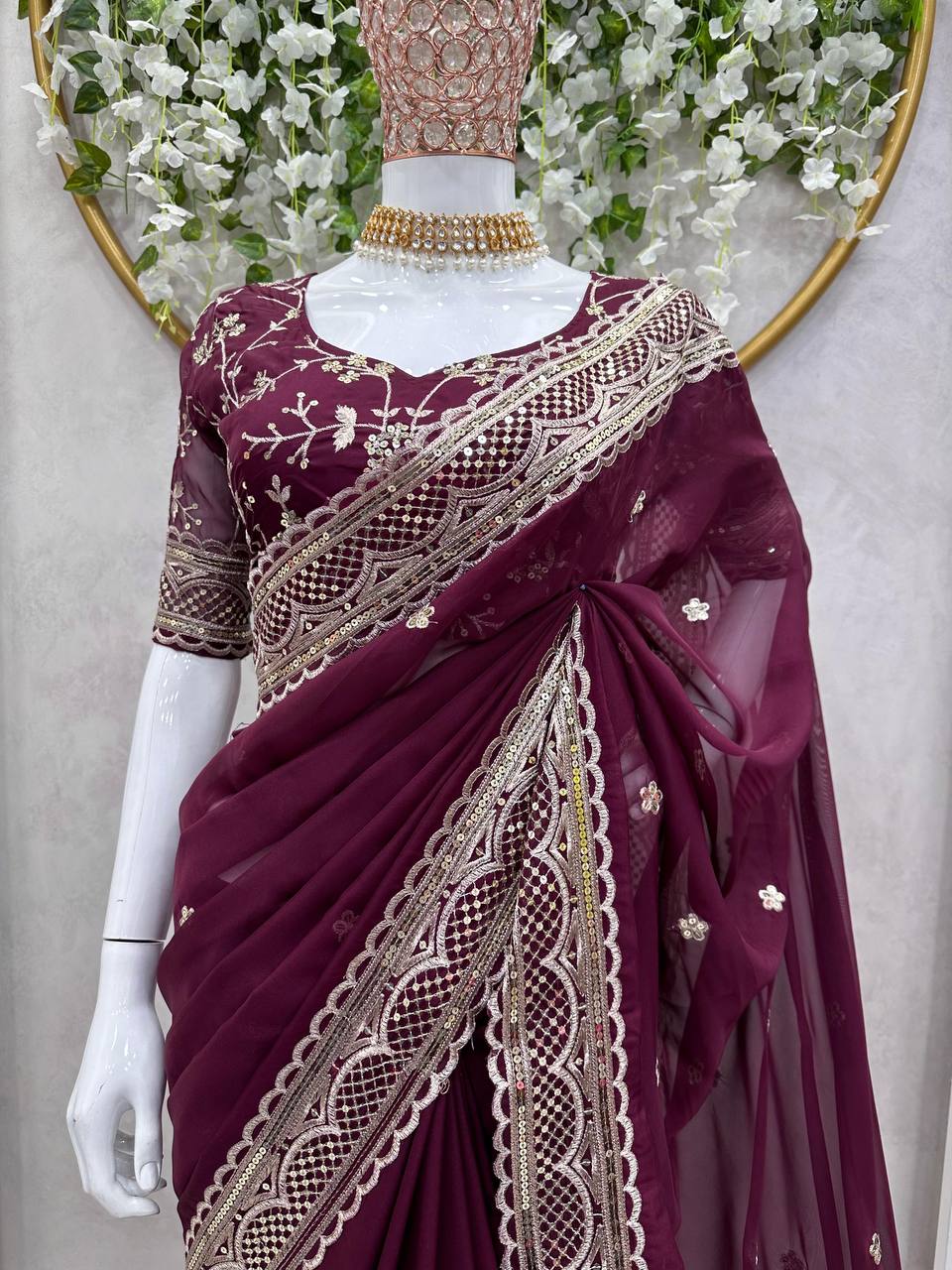 Amazing Saree on Heavy Tibby Silk Fabric With Thread And Sequences Work