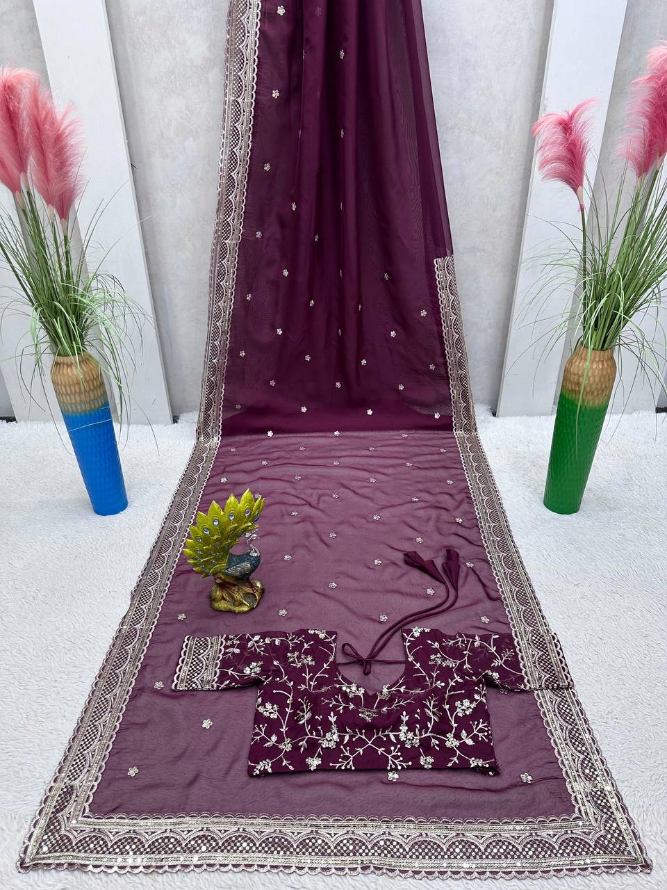 Amazing Saree on Heavy Tibby Silk Fabric With Thread And Sequences Work