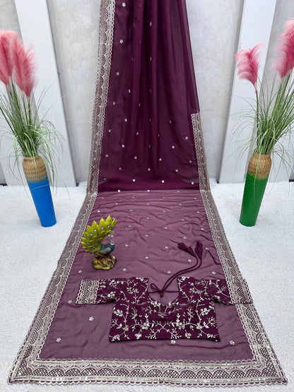 Amazing Saree on Heavy Tibby Silk Fabric With Thread And Sequences Work