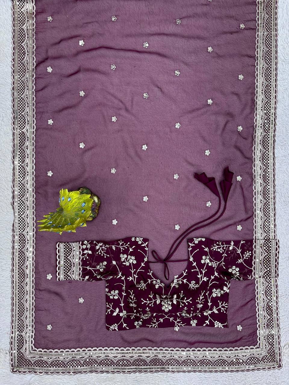 Amazing Saree on Heavy Tibby Silk Fabric With Thread And Sequences Work