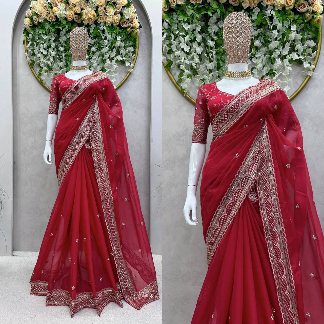 Amazing Saree on Heavy Tibby Silk Fabric With Thread And Sequences Work