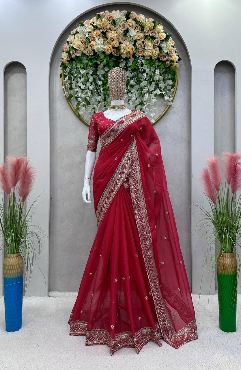 Amazing Saree on Heavy Tibby Silk Fabric With Thread And Sequences Work