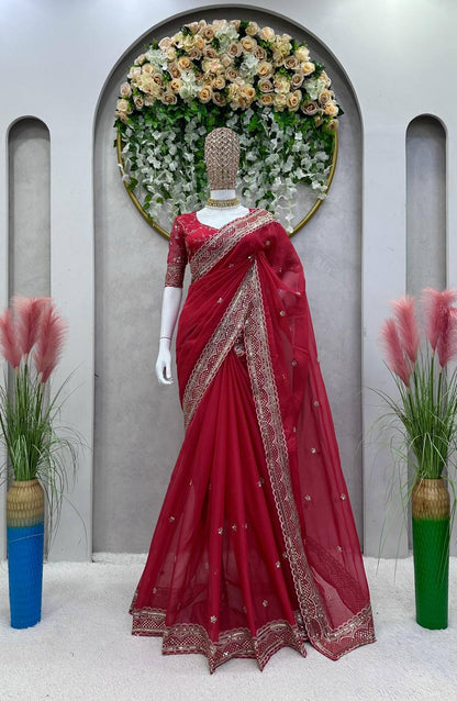 Amazing Saree on Heavy Tibby Silk Fabric With Thread And Sequences Work