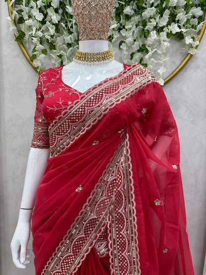 Amazing Saree on Heavy Tibby Silk Fabric With Thread And Sequences Work