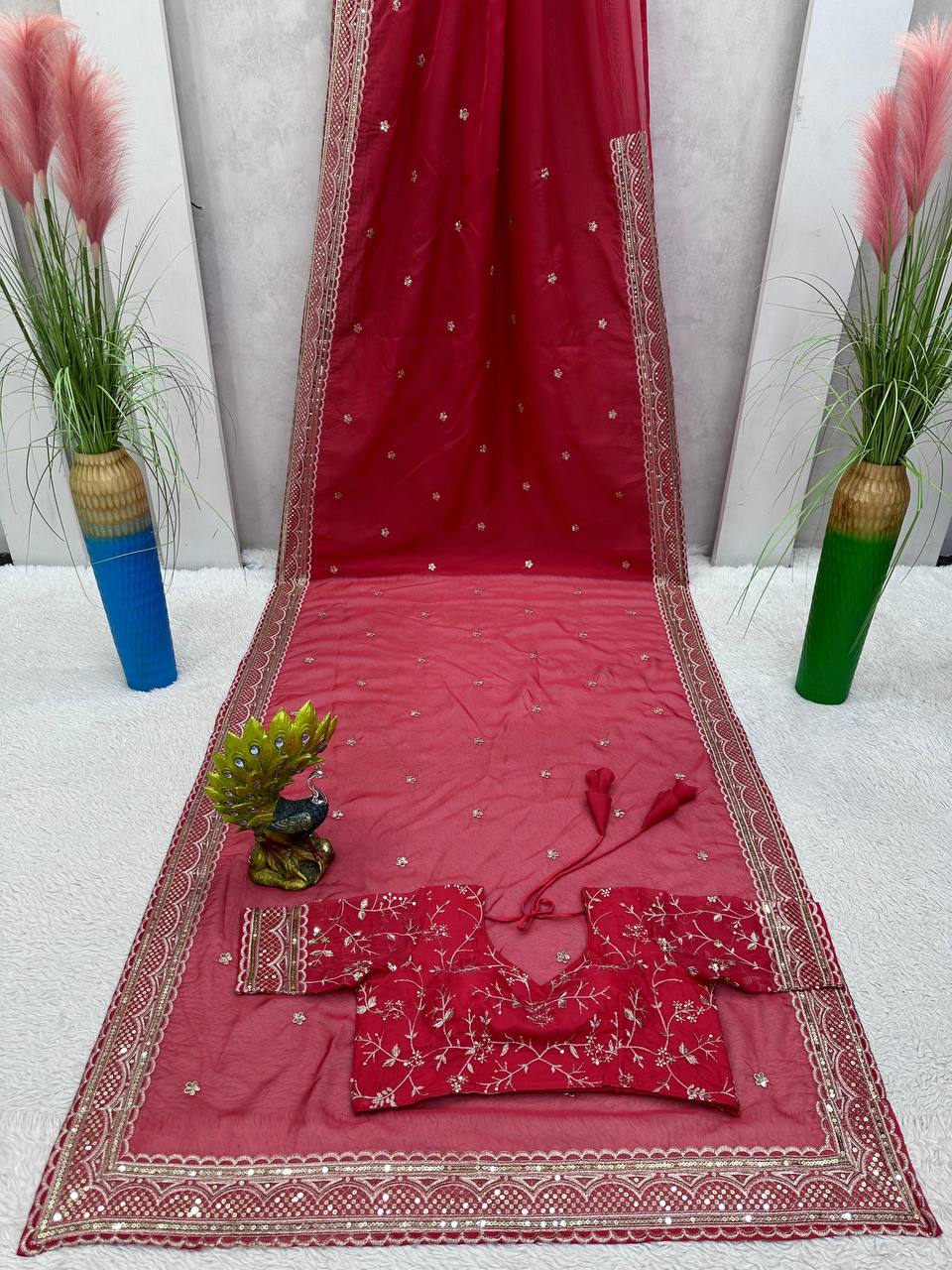 Amazing Saree on Heavy Tibby Silk Fabric With Thread And Sequences Work