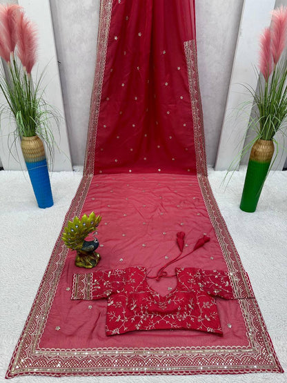 Amazing Saree on Heavy Tibby Silk Fabric With Thread And Sequences Work
