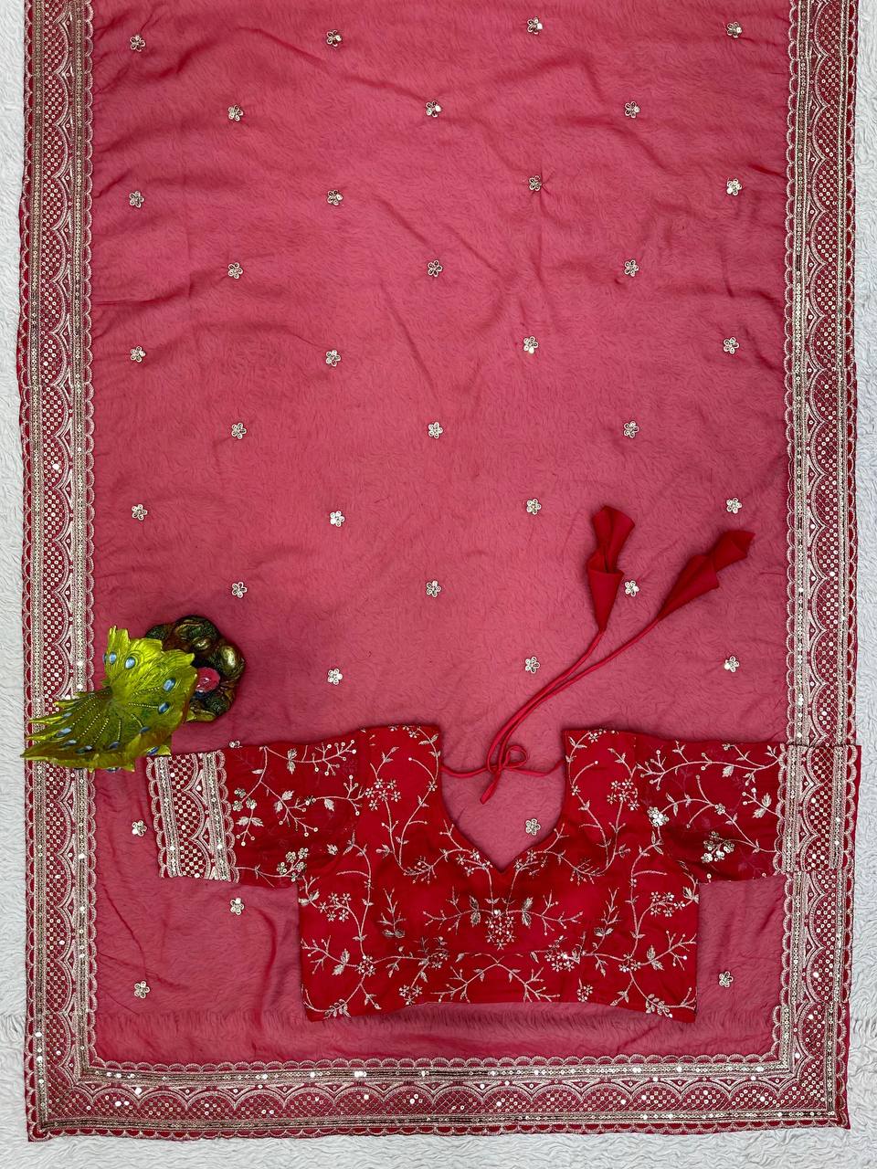 Amazing Saree on Heavy Tibby Silk Fabric With Thread And Sequences Work