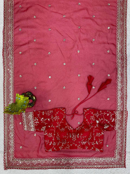 Amazing Saree on Heavy Tibby Silk Fabric With Thread And Sequences Work