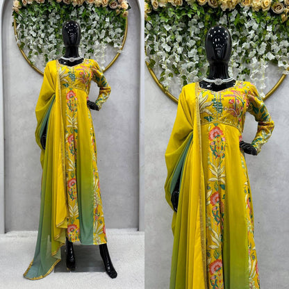 Designer Suit On Muslin Fabric With Inner And Digital Print With Hand Work And Dupatta