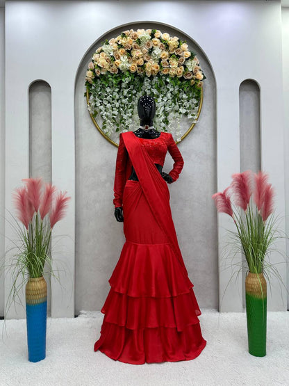 Designer Ready To Wear Red Lehenga Saree With Chinon Silk Fabric