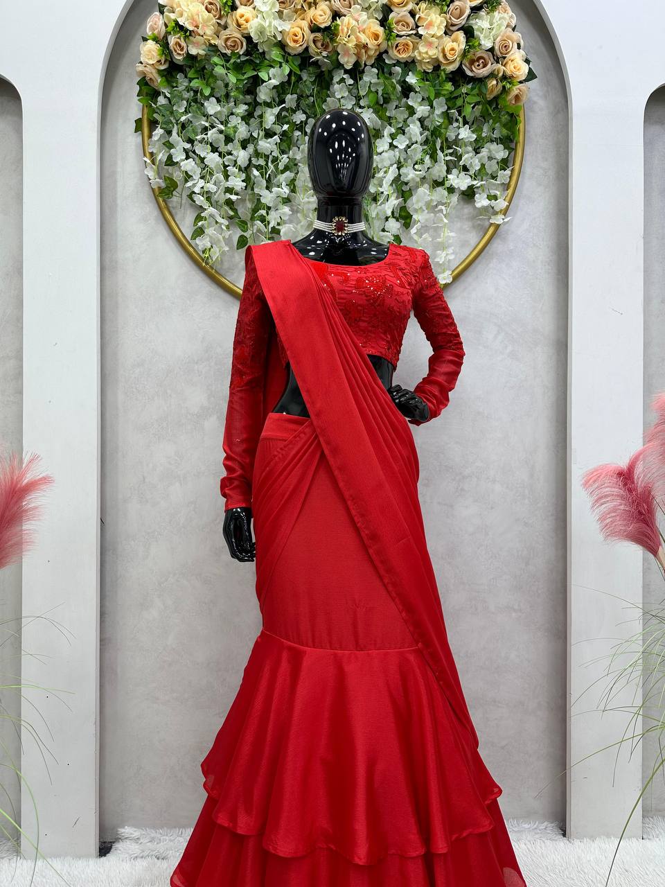 Designer Ready To Wear Red Lehenga Saree With Chinon Silk Fabric