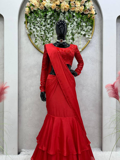 Designer Ready To Wear Red Lehenga Saree With Chinon Silk Fabric