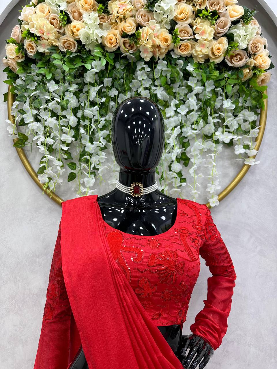 Designer Ready To Wear Red Lehenga Saree With Chinon Silk Fabric