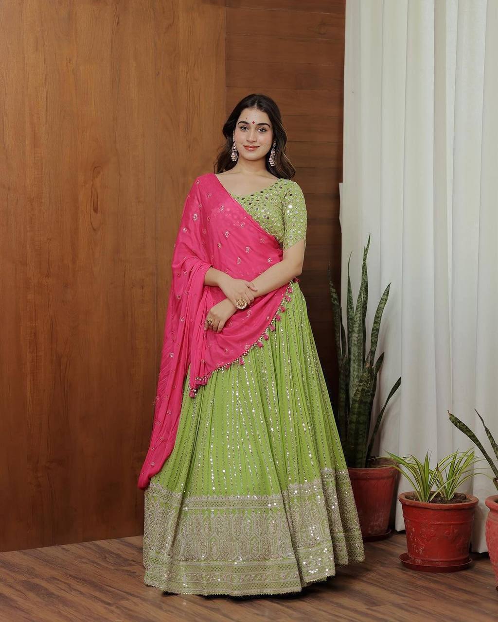Beautiful Georgette Fabric With Long Fliar And Thread & Sequences Work On Green Lehenga Choli