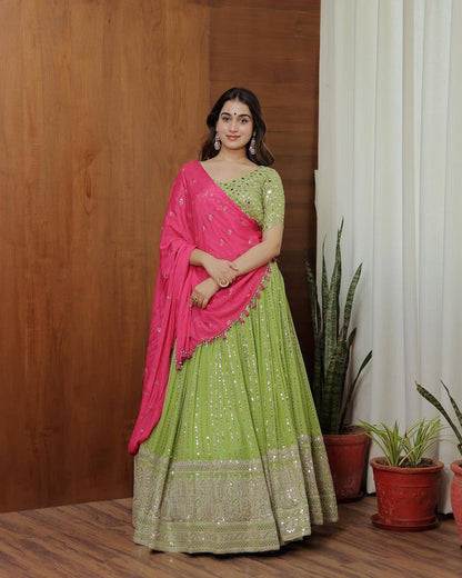 Beautiful Georgette Fabric With Long Fliar And Thread & Sequences Work On Green Lehenga Choli
