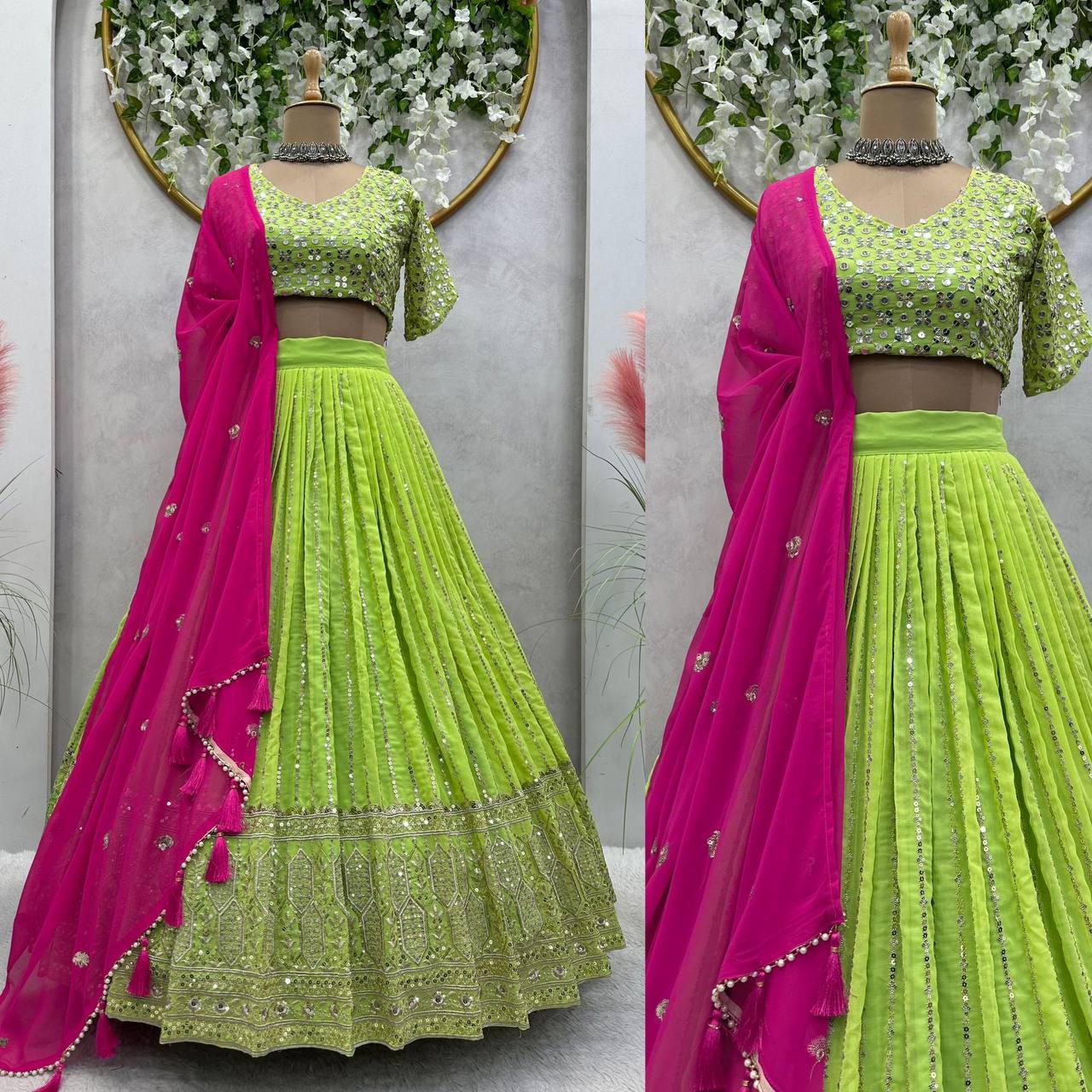 Beautiful Georgette Fabric With Long Fliar And Thread & Sequences Work On Green Lehenga Choli