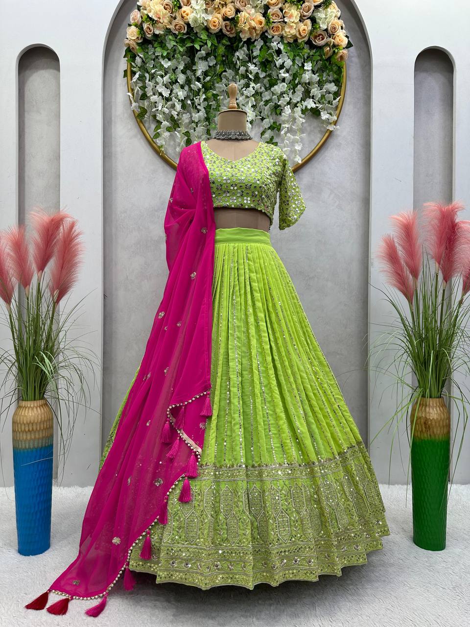 Beautiful Georgette Fabric With Long Fliar And Thread & Sequences Work On Green Lehenga Choli