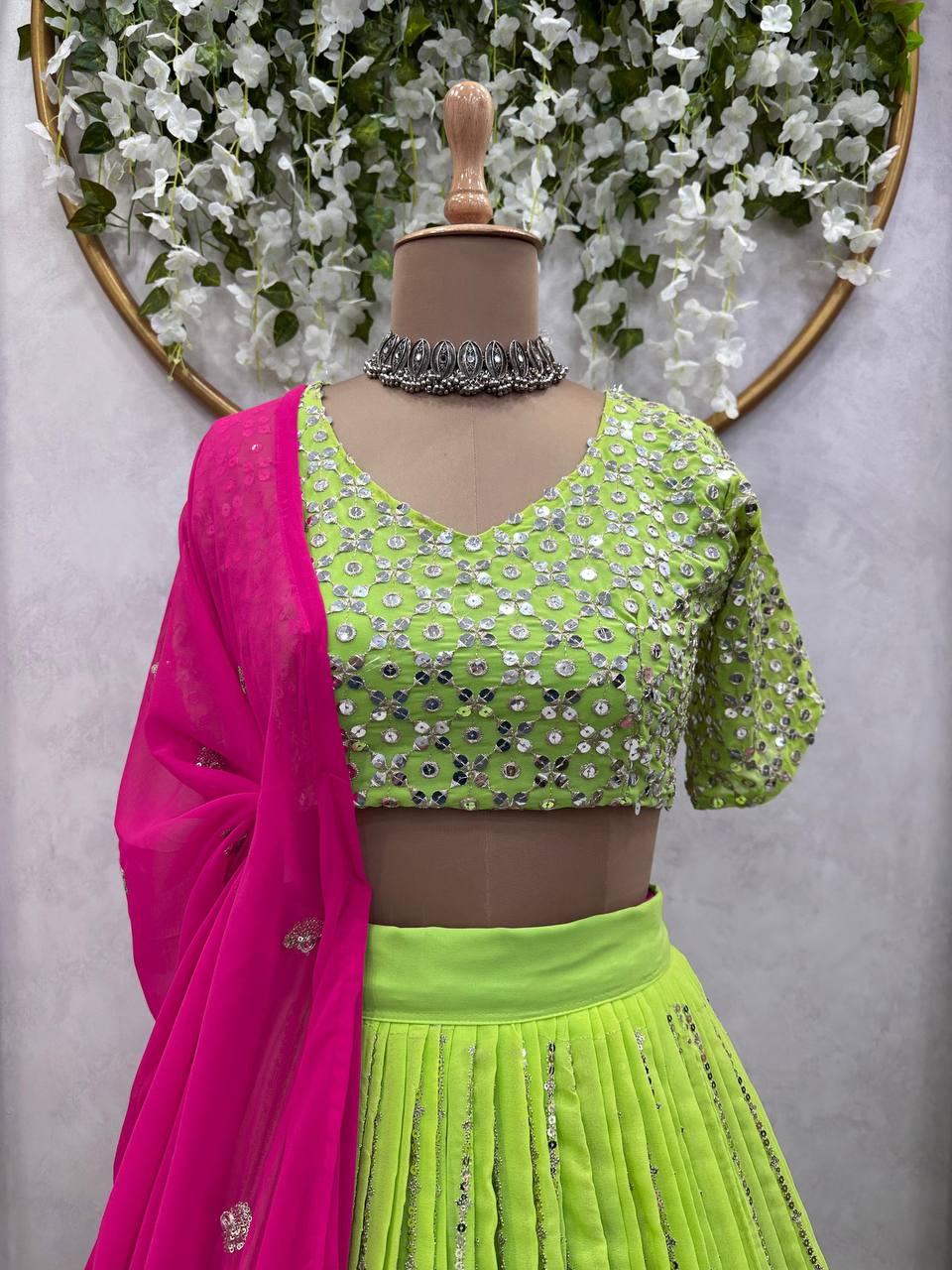 Beautiful Georgette Fabric With Long Fliar And Thread & Sequences Work On Green Lehenga Choli