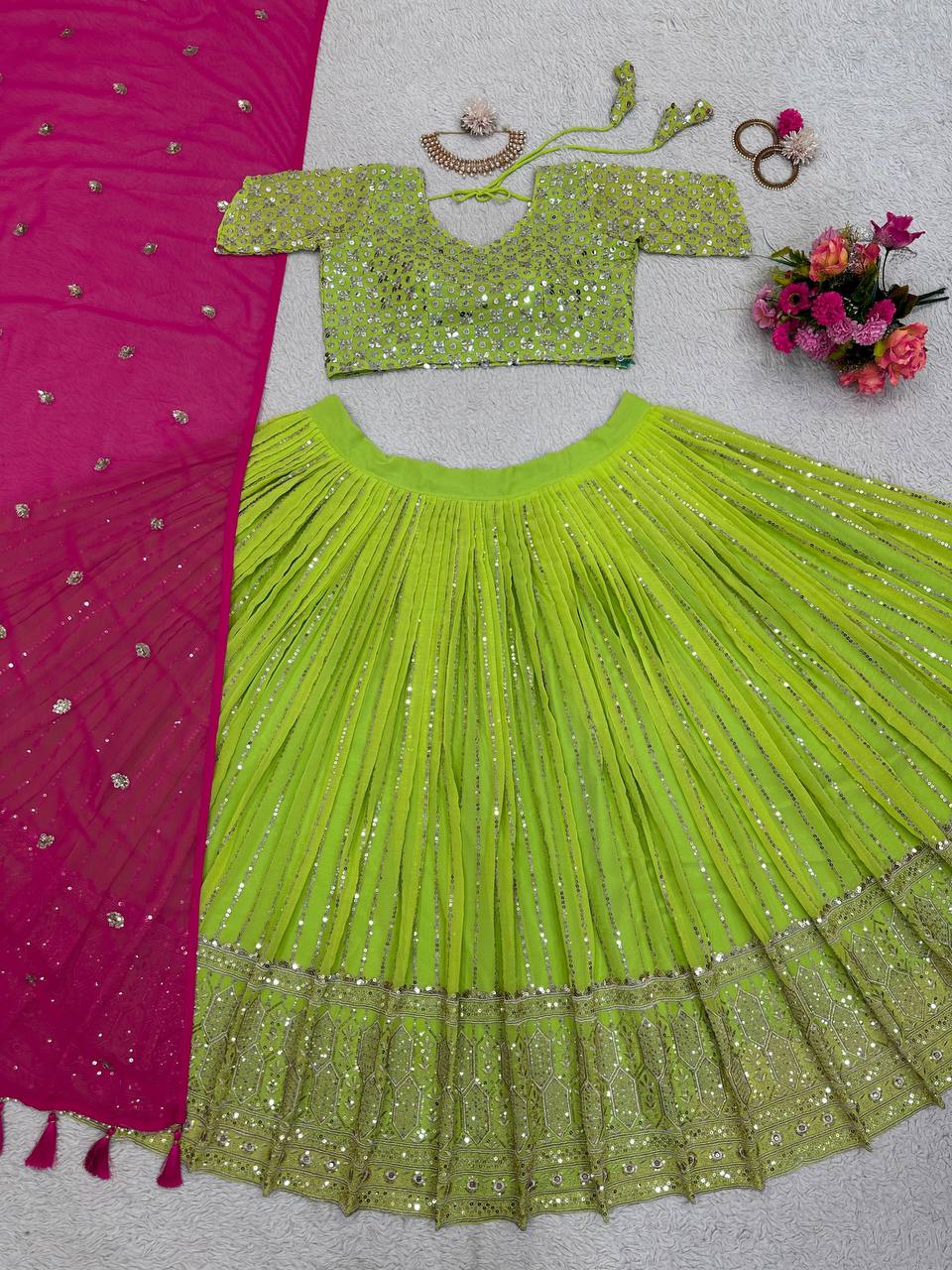 Beautiful Georgette Fabric With Long Fliar And Thread & Sequences Work On Green Lehenga Choli