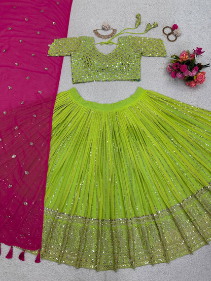 Beautiful Georgette Fabric With Long Fliar And Thread & Sequences Work On Green Lehenga Choli