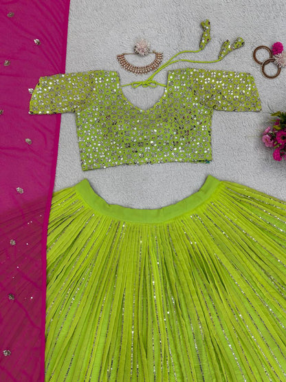 Beautiful Georgette Fabric With Long Fliar And Thread & Sequences Work On Green Lehenga Choli
