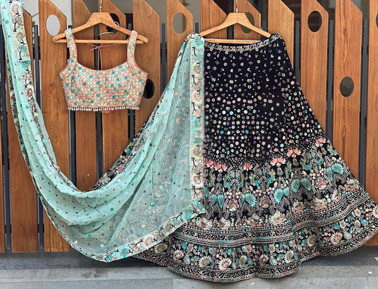 Designer Black Colour Chinon Fabric With Long Flair And Thread & Sequences Work Lehenga , Choli With Blue Dupatta