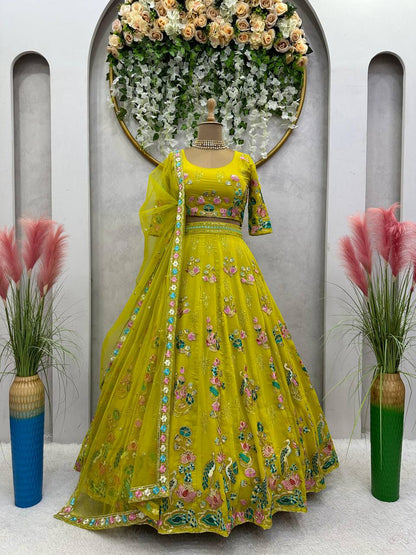 Designer Yellow Colour Georgette Fabric With Long Flair And Thread & Sequences Work Lehenga Choli